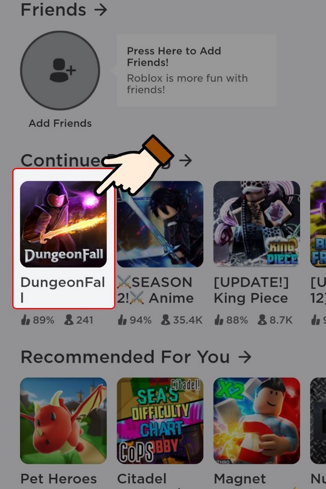 bước 1: mở game roblox và chọn dungeonfall