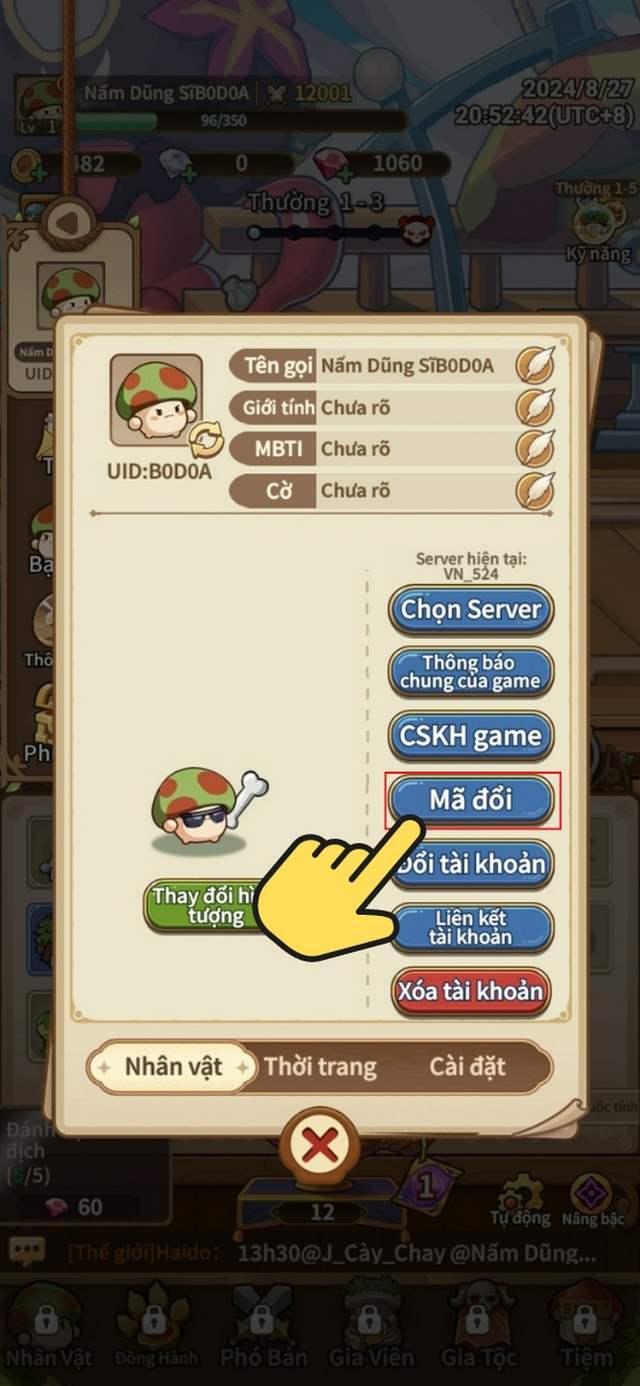 bước 2: chọn mã đổi