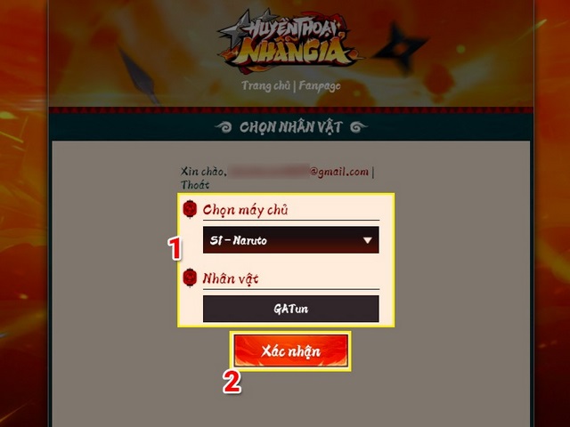 bước 2: chọn máy chủ và tên nhân vật