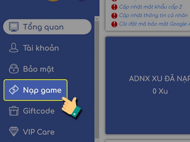bước 2: chọn mục nạp game trong danh sách
