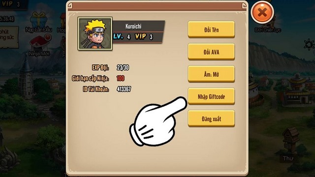 bước 2: chọn mục nhập giftcode