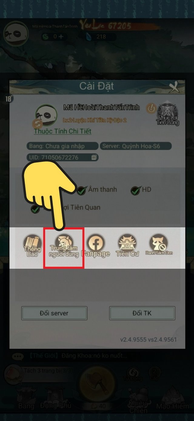 bước 2: chọn mục trung tâm người dùng
