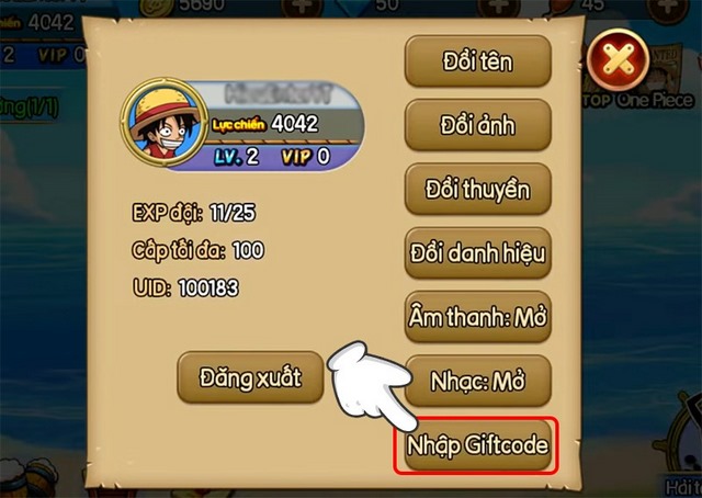 bước 2: chọn "nhập giftcode"