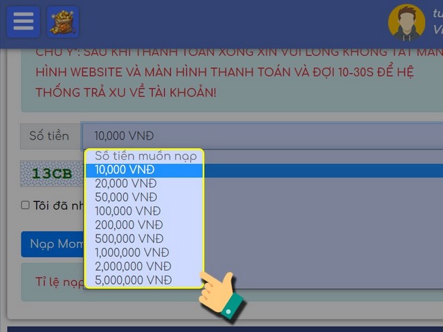 bước 2: chọn số tiền bạn muốn thanh toán
