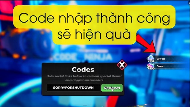 bước 2: nhập code anime crusaders roblox và nhấn redeem