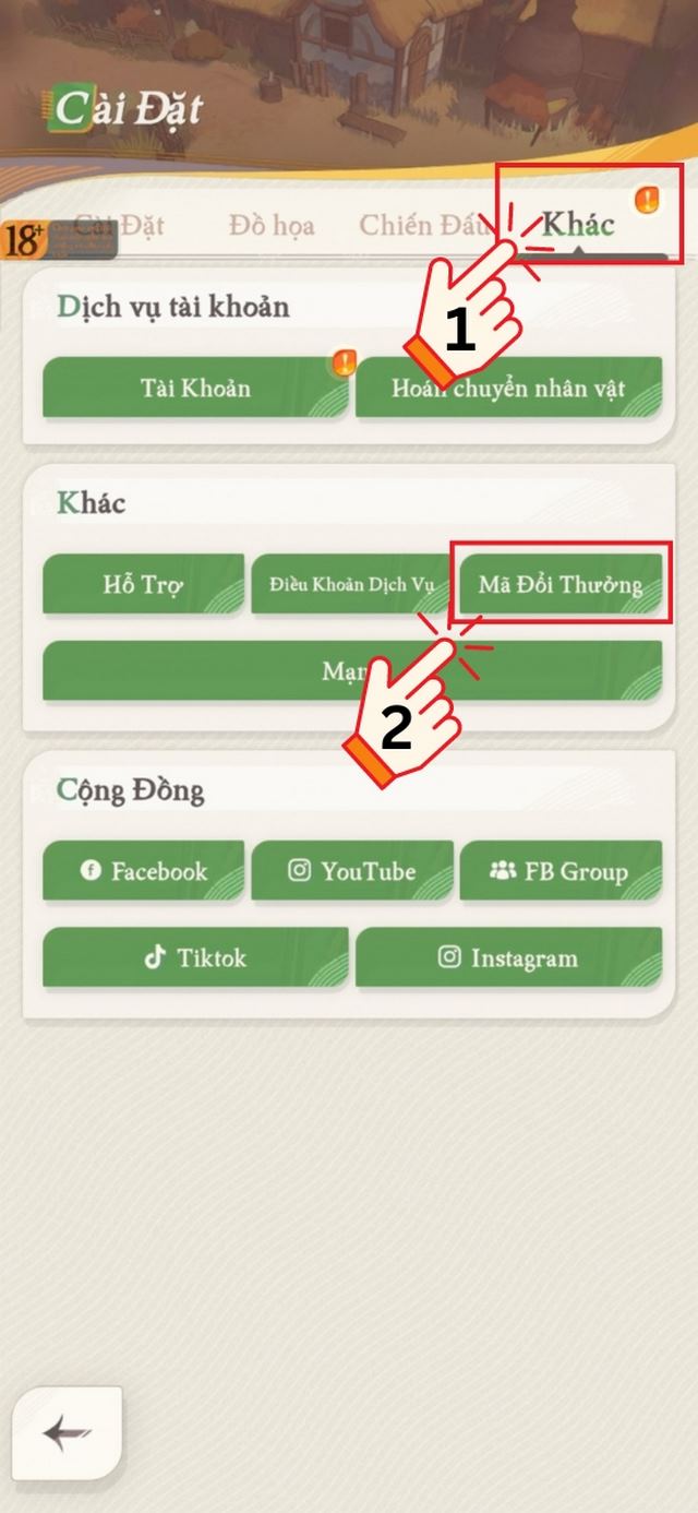 bước 3: chọn mục khác, chọn tiếp mã đổi thưởng