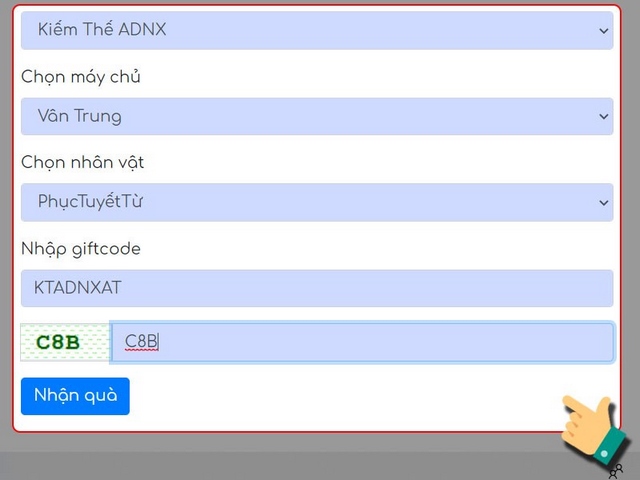 bước 3: chọn tên game, máy chủ, nhân vật, nhập code
