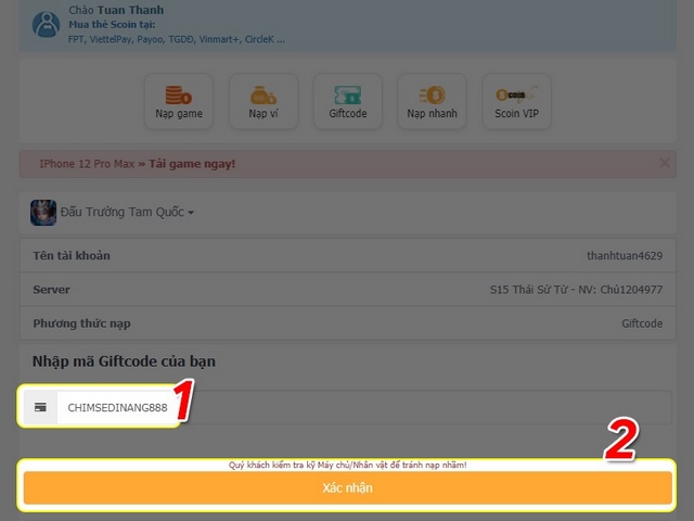 bước 3: điền mã code đấu trường tam quốc