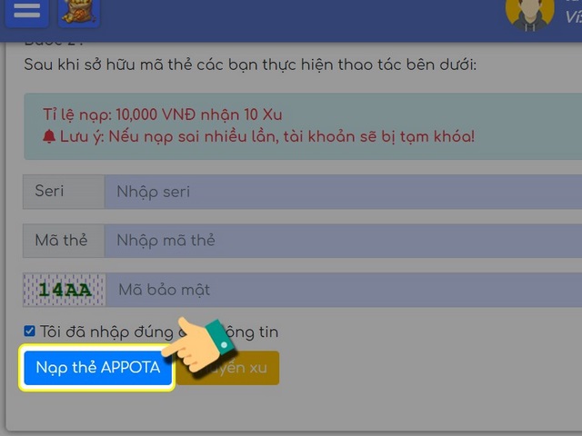 bước 3: nhấn vào nút nạp thẻ appota