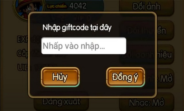 bước 3: nhập mã code gomu huyền thoại và đồng ý