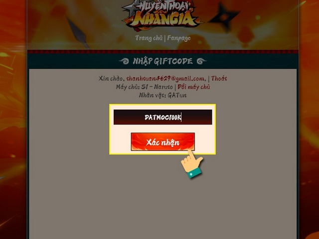 bước 3: nhập mã code huyền thoại nhẫn giả