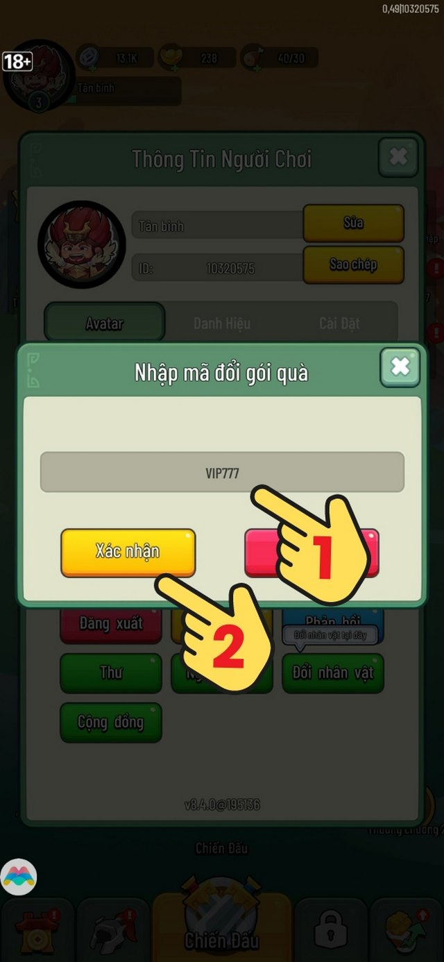 bước 3: nhập mã code vào ô và nhấn ok