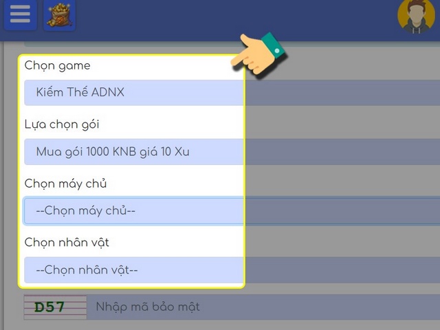 bước 4: chọn gói nạp, máy chủ, nhân vật
