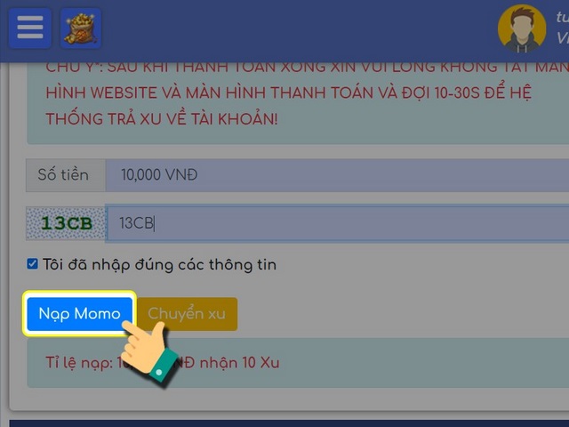 bước 4: nhấn vào nút nạp momo
