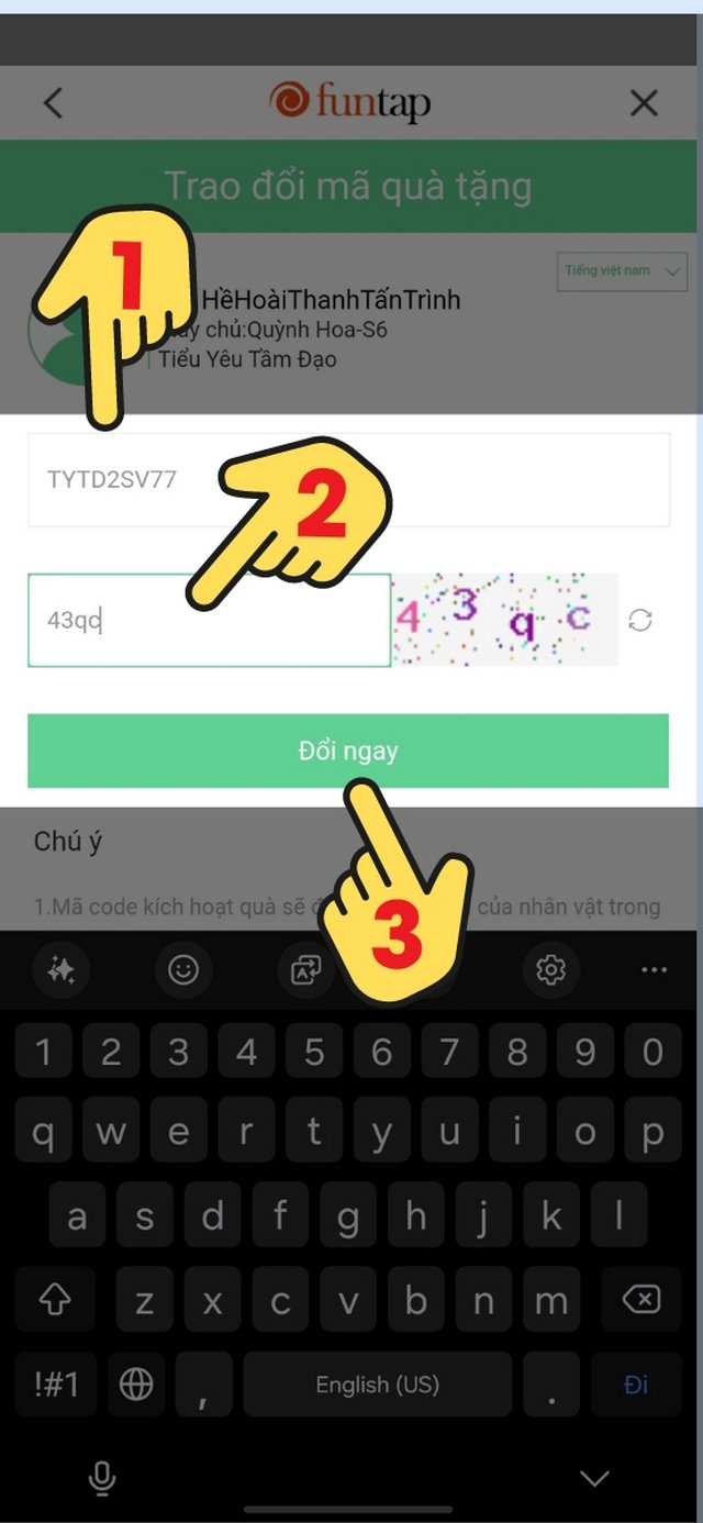 bước 4: nhập mã code tiểu yêu tầm đạo
