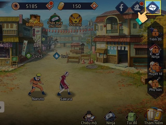 bước 4: trong giao diện game, chọn biểu tượng lá thư