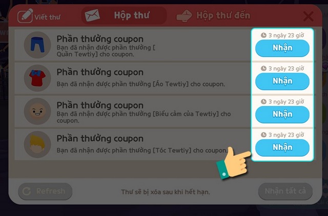 bước 5: hộp thư mở ra, nhấn vào nút nhận