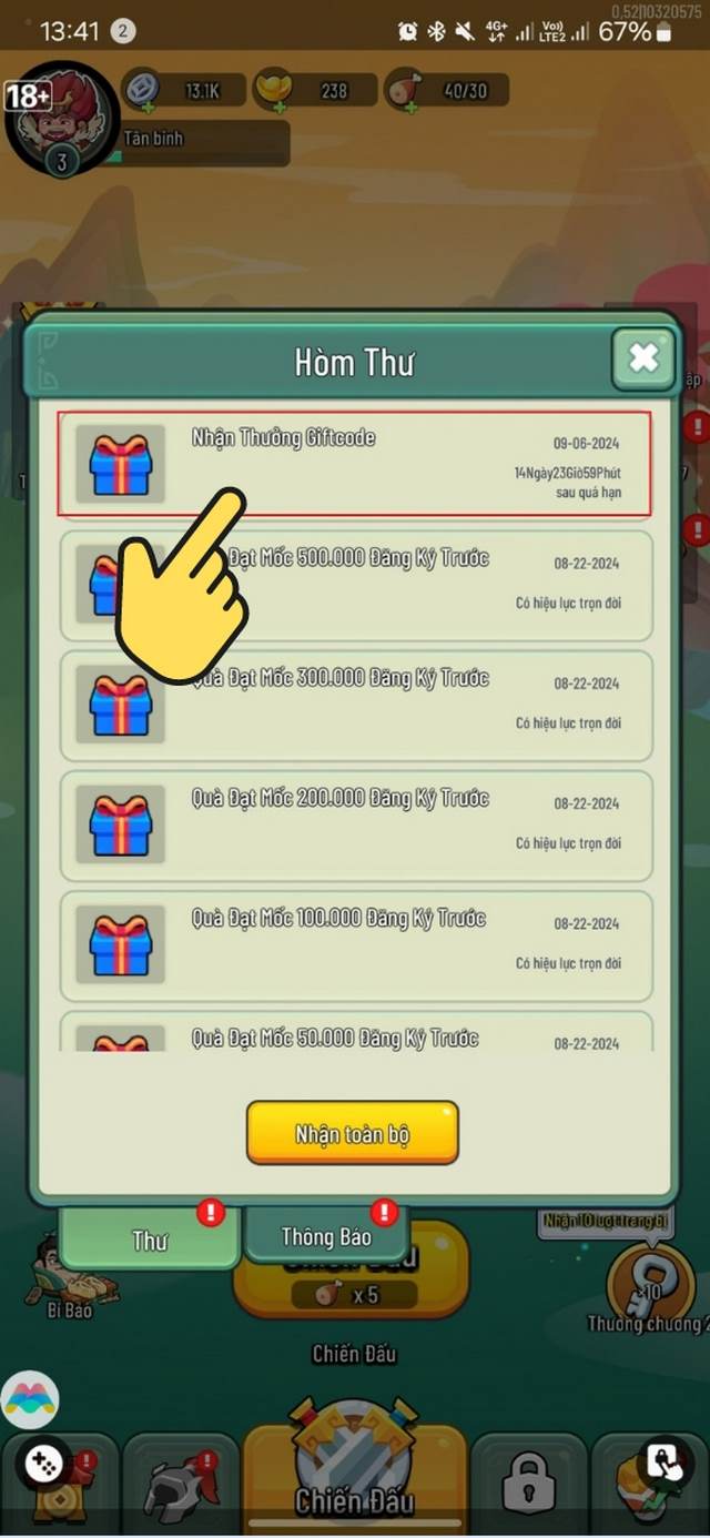 bước 5: tìm và chọn thư "nhận thưởng giftcode"