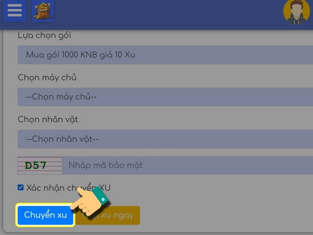 bước 6: nhấn nút chuyển xu
