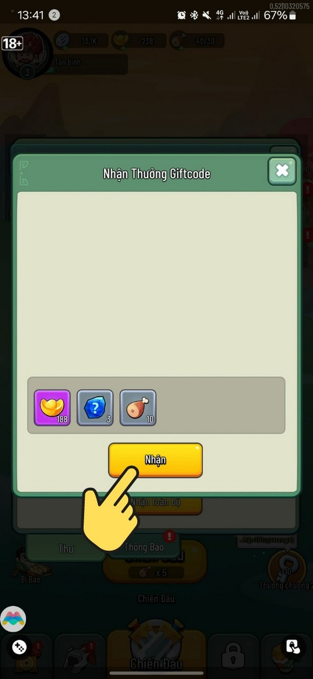 bước 6: nhấn nút nhận để nhận phần thưởng