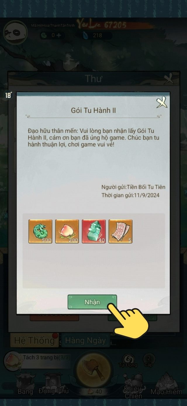 bước 8: nhấn vào nút nhận để nhận quà