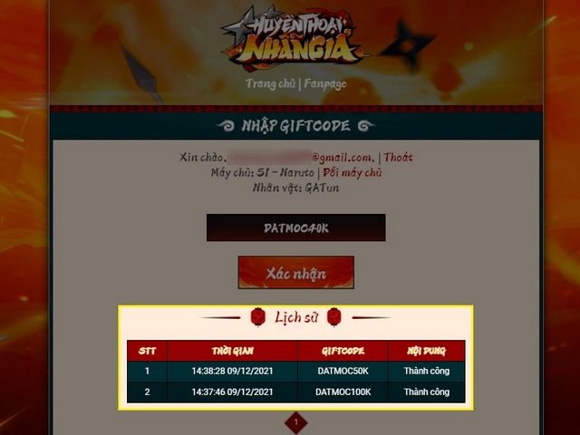 danh sách code đã nhập thành công