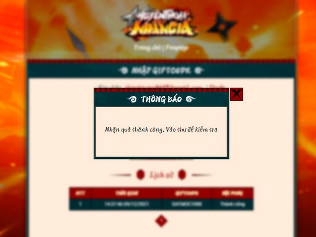 nhập mã code thành công